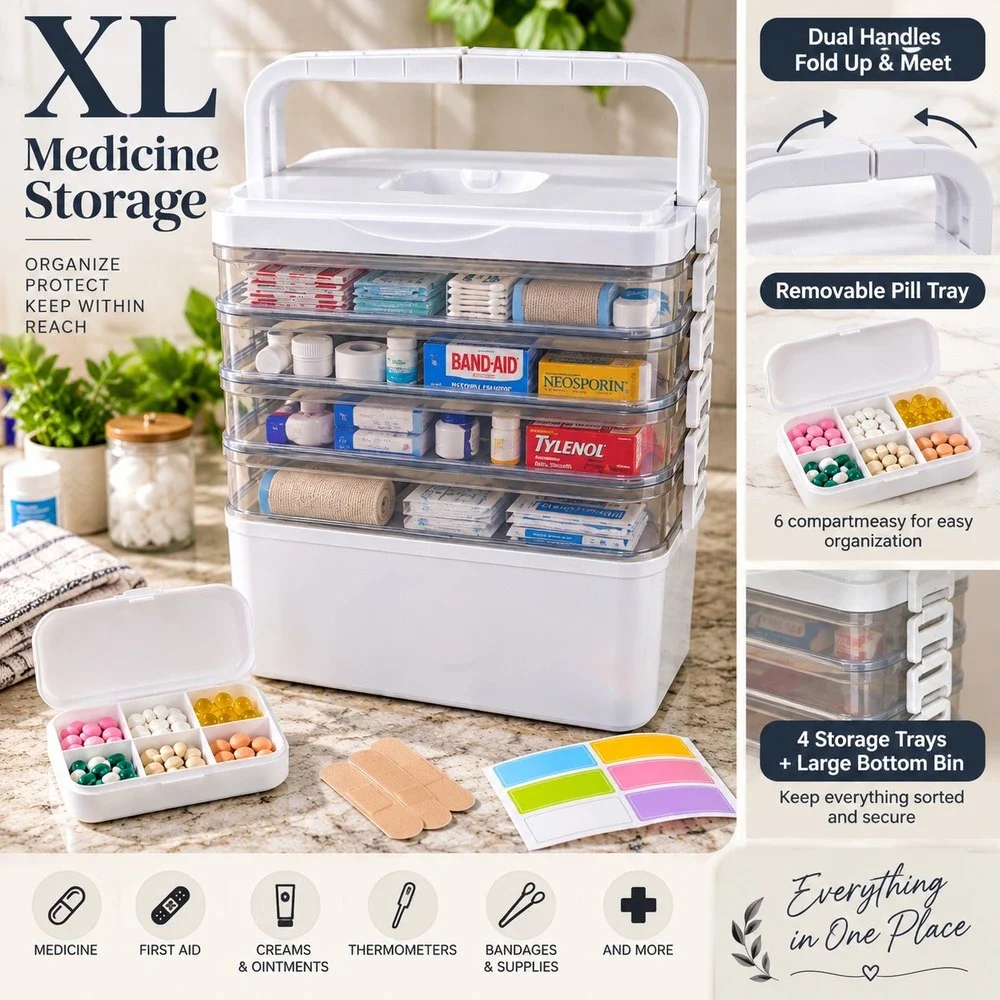 5 Tier Large Medicine Storage Box Organizer Portable First Aid kit Box Sewing